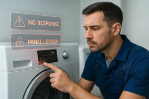 Técnico pressionando botão de lavadora com display aceso e gráficos digitais indicando travamento e falta de resposta