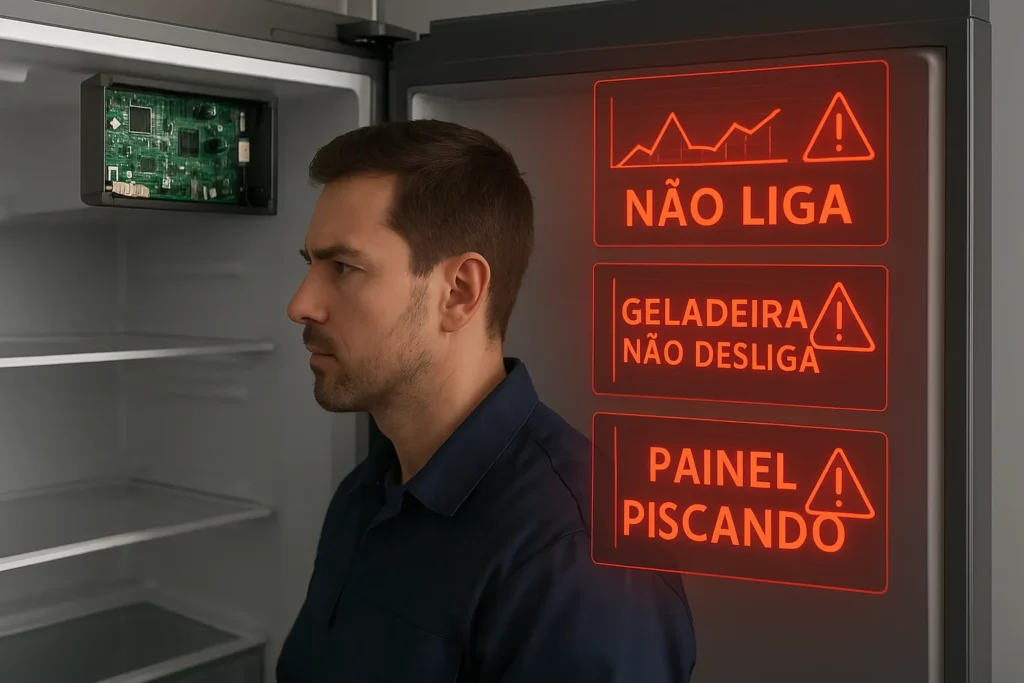 Como Testar Placa De Geladeira: 7 Métodos Profissionais Para Diagnóstico Preciso 4 Técnico Examinando Geladeira Com Placa Exposta E Alertas Em Português Como &Quot;Não Liga&Quot;, &Quot;Geladeira Não Desliga&Quot; E &Quot;Painel Piscando&Quot;