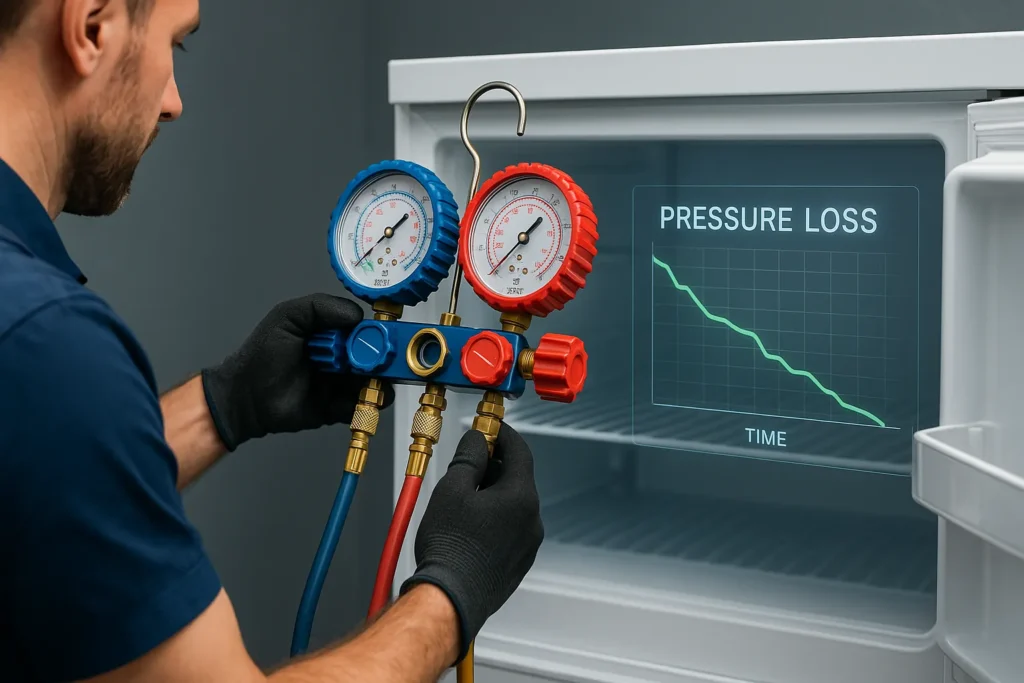 Freezer Não Congela Direito: 14 Defeitos Mais Comuns E Como Resolver Cada Um 5 Técnico Conectando Manifold A Freezer Com Manômetros Coloridos E Gráfico Digital De Perda De Pressão.