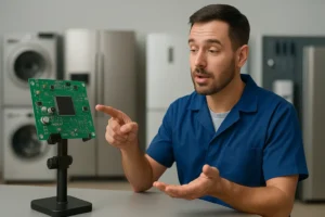 Técnico explicando placa eletrônica com lavadoras e geladeiras ao fundo em oficina técnica organizada