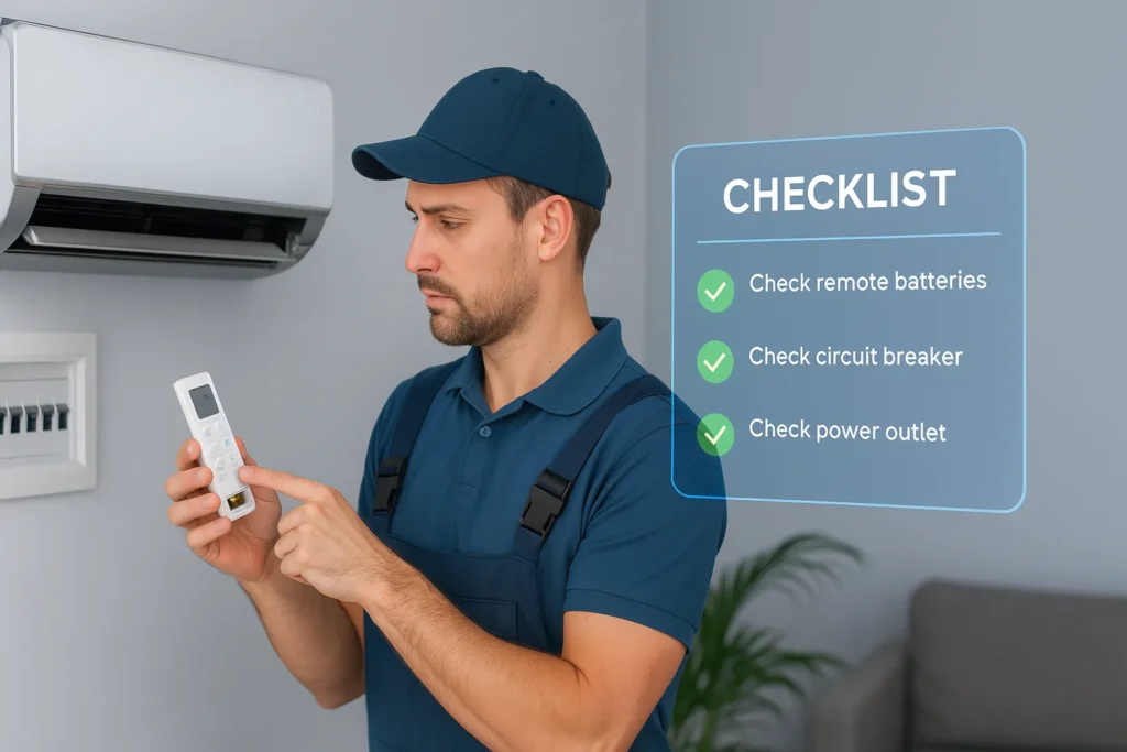 Ar Condicionado Não Liga: 16 Causas E Soluções Testadas Por Técnicos 2 Técnico Inspecionando Ar-Condicionado Split Com Checklist Digital Flutuante.