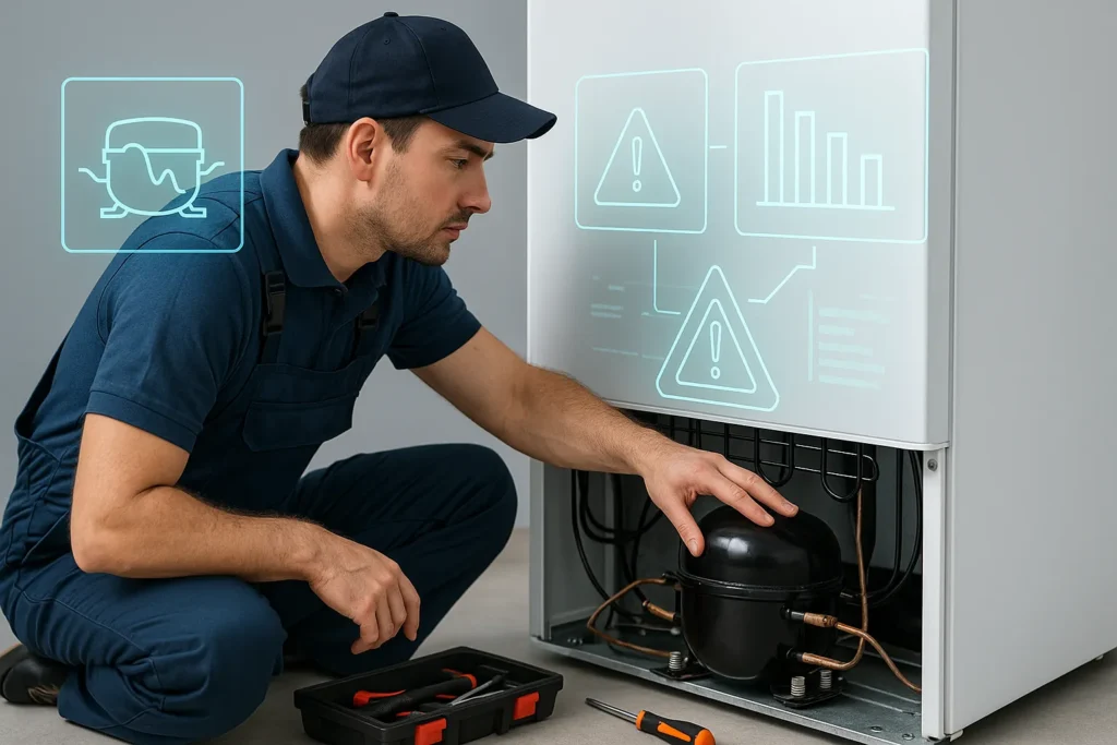 Freezer Não Congela Direito: 14 Defeitos Mais Comuns E Como Resolver Cada Um 4 Técnico Inspecionando O Compressor De Um Freezer Com Gráficos Digitais De Falhas.