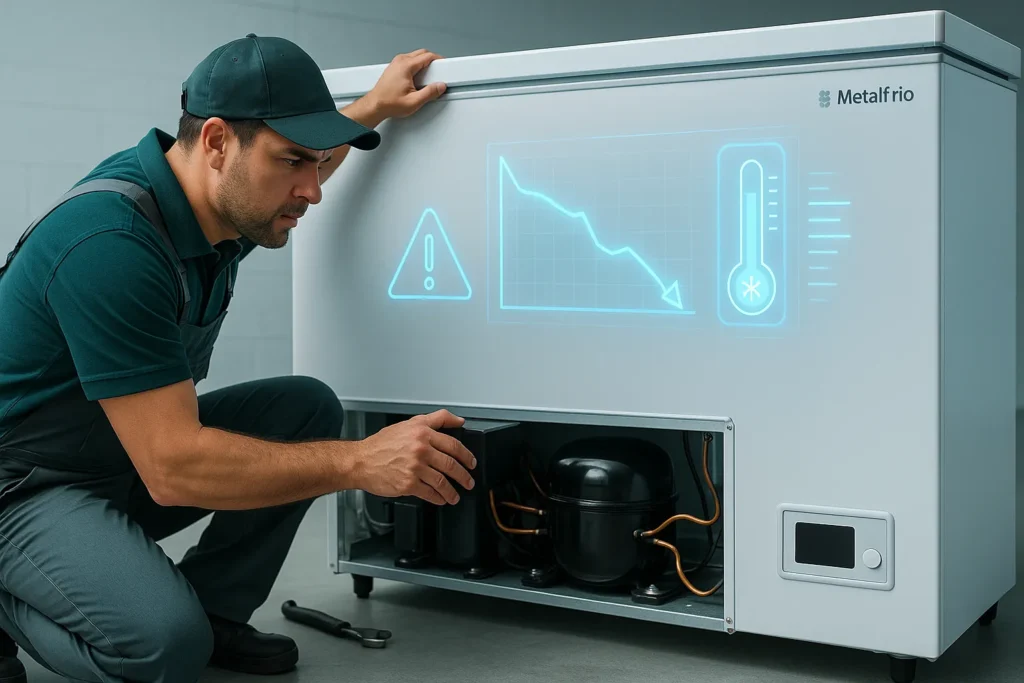 Freezer Não Congela Direito: 14 Defeitos Mais Comuns E Como Resolver Cada Um 1 Técnico Inspecionando Freezer Metalfrio Com Falha De Refrigeração E Gráficos Digitais De Alerta.