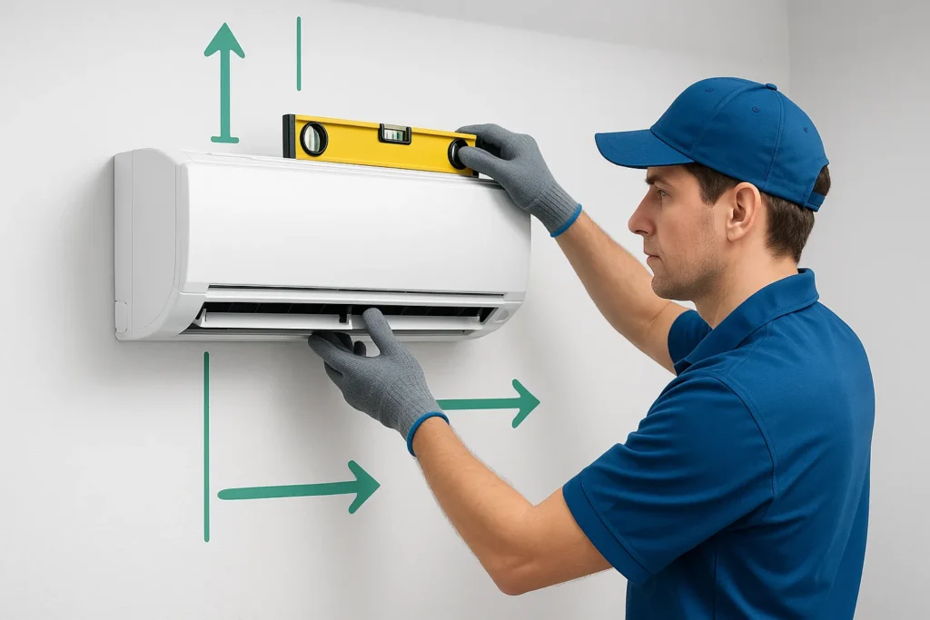 Ar Condicionado Que Gasta Menos Energia: 9 Modelos Que Economizam Até 70% Na Conta De Luz 5 Técnico Instalando Ar-Condicionado Com Setas Digitais Mostrando Boas Práticas De Instalação.