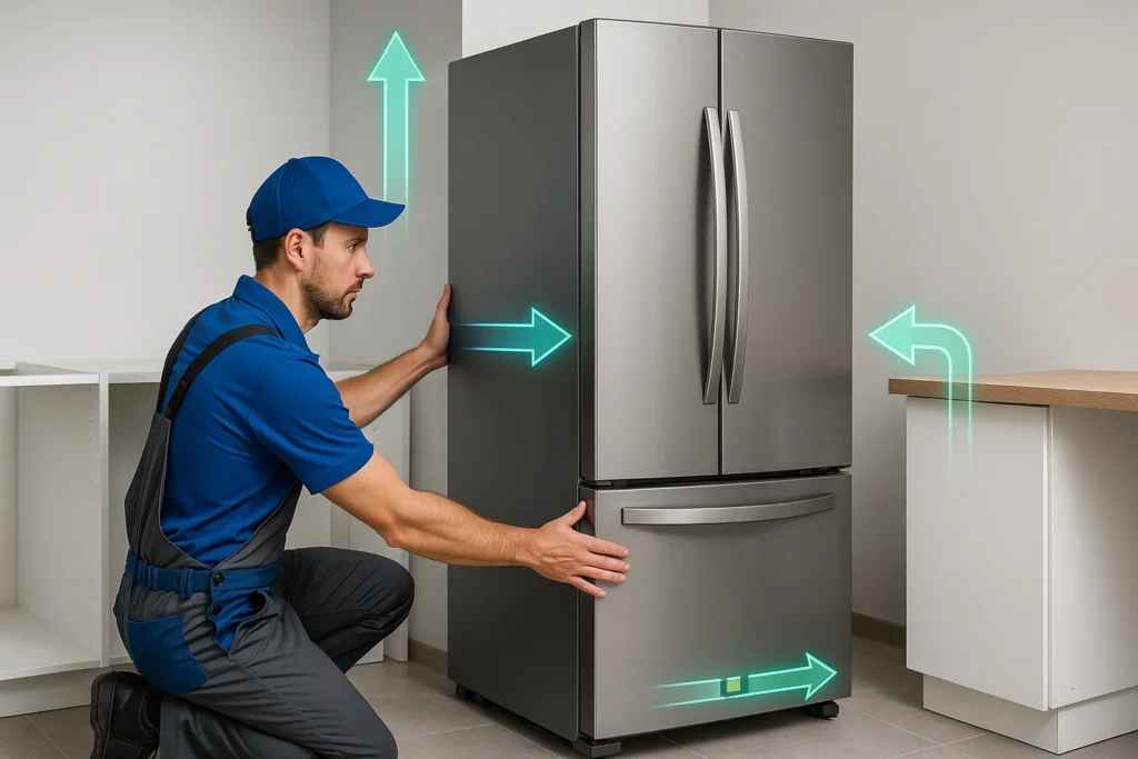 Geladeira Inverse Economiza Mesmo? 9 Verdades Que Ninguém Conta Sobre A Tecnologia 8 Técnico Instalando Geladeira Inverse Com Setas Digitais Orientando Espaçamento, Nivelamento E Ventilação Adequada.