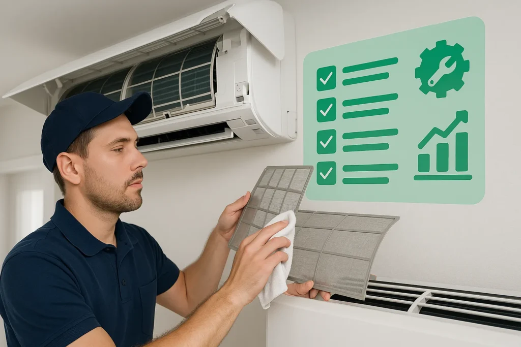 Ar Condicionado Que Gasta Menos Energia: 9 Modelos Que Economizam Até 70% Na Conta De Luz 6 Técnico Realizando Limpeza De Filtros De Ar-Condicionado Com Checklist Digital Flutuante Ao Lado.