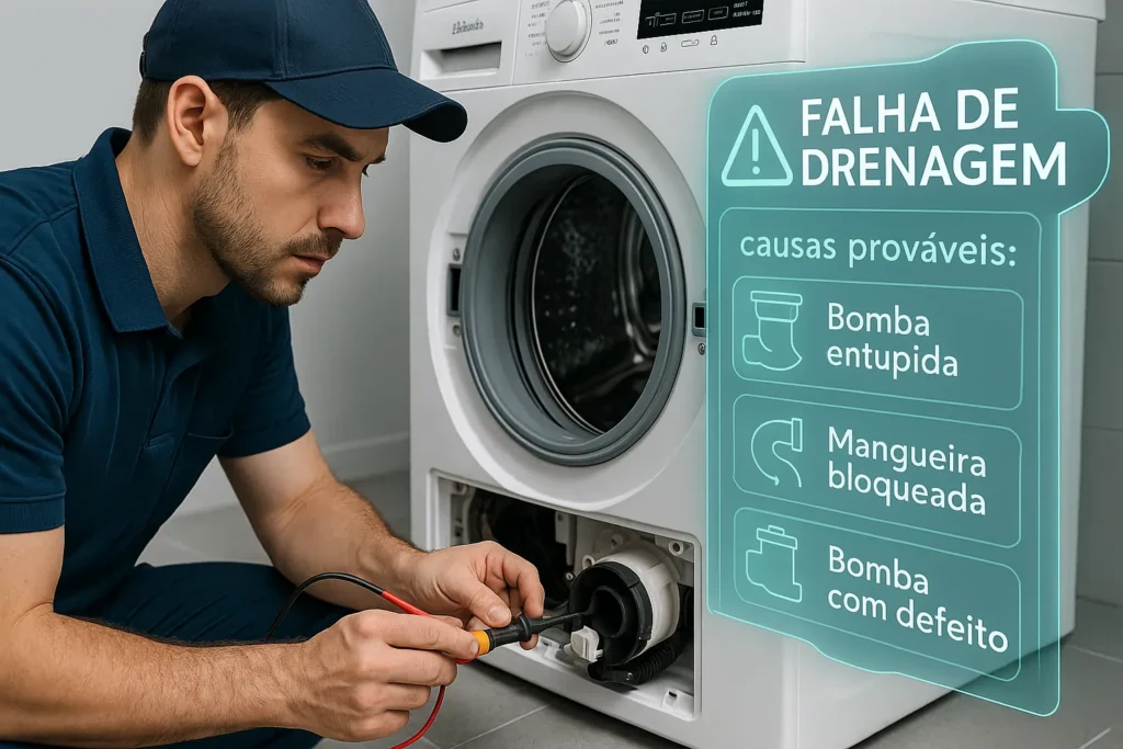 Lavadora Electrolux Não Solta Água: 13 Soluções Testadas Por Técnicos Especializados 1 Técnico Testando Bomba De Drenagem De Lavadora Electrolux Com Multímetro E Gráficos Digitais Em Português Sobre Falha De Drenagem.