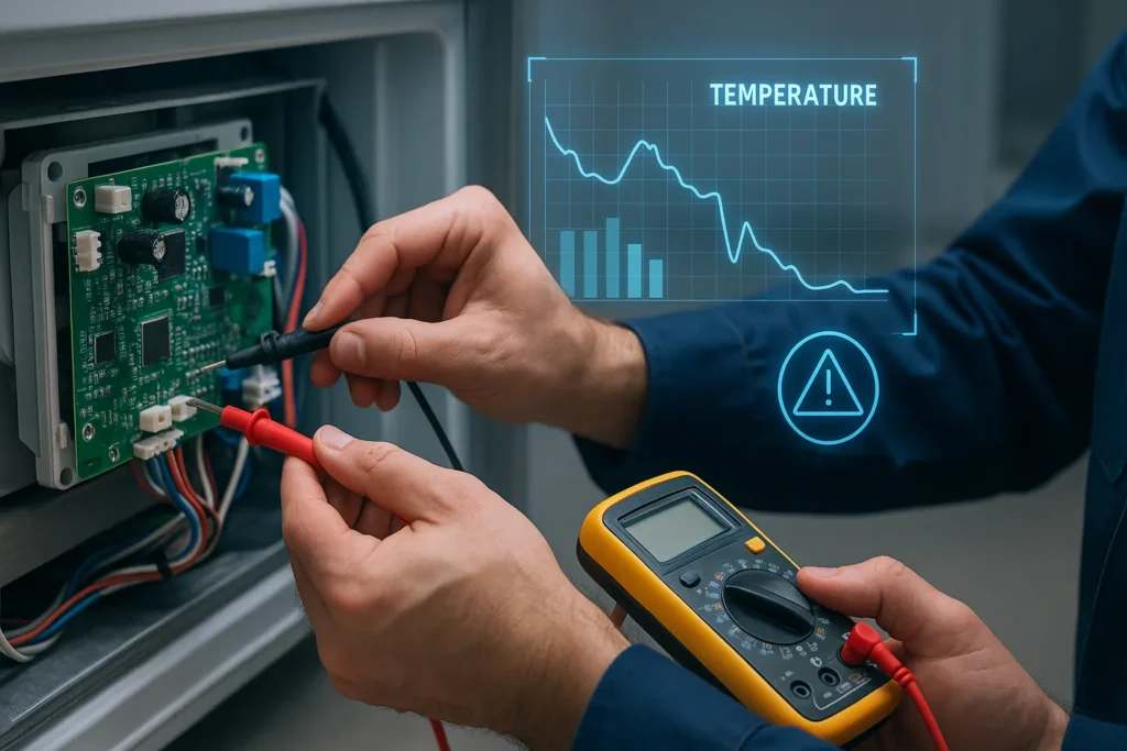 Freezer Não Congela Direito: 14 Defeitos Mais Comuns E Como Resolver Cada Um 6 Técnico Testando A Placa Eletrônica Do Freezer Com Multímetro, Gráficos Digitais Indicam Falhas.