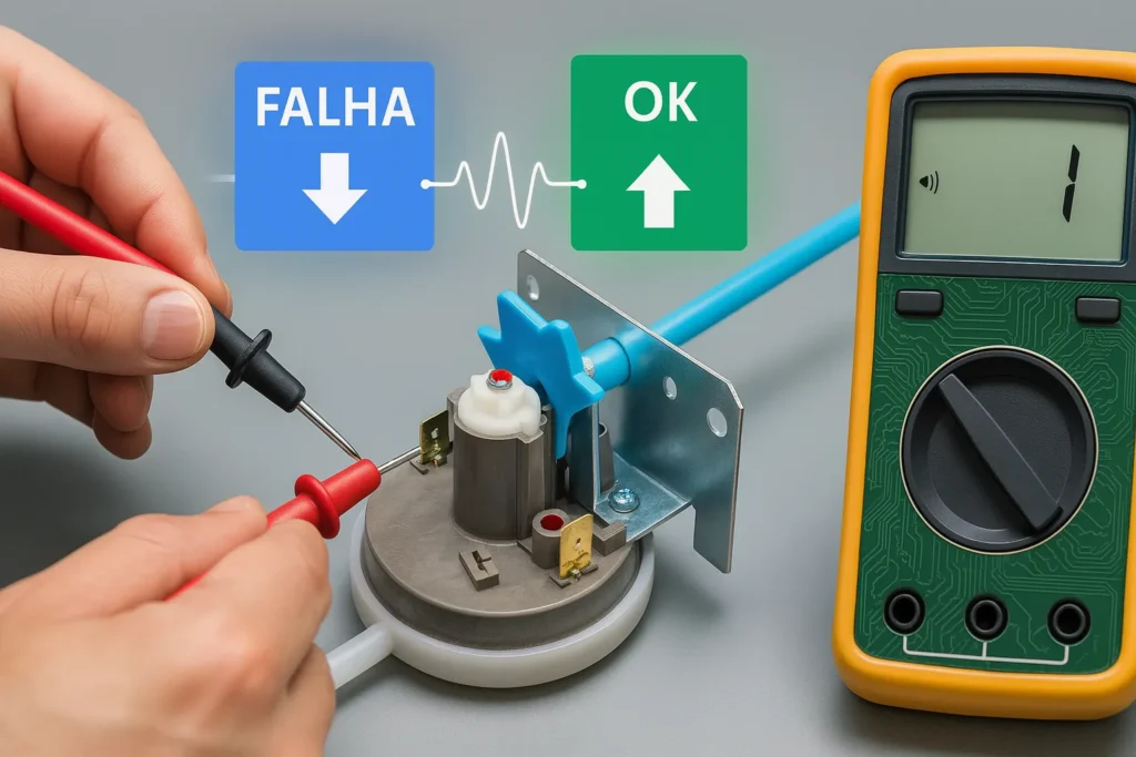 Técnico Aplica Multímetro No Pressostato Com Leitura Digital E Gráficos De Falha E Sucesso Visíveis.