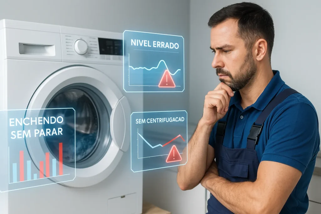 Técnico Observa Lavadora Em Funcionamento Com Gráficos Digitais Indicando Defeitos Causados Por Pressostato