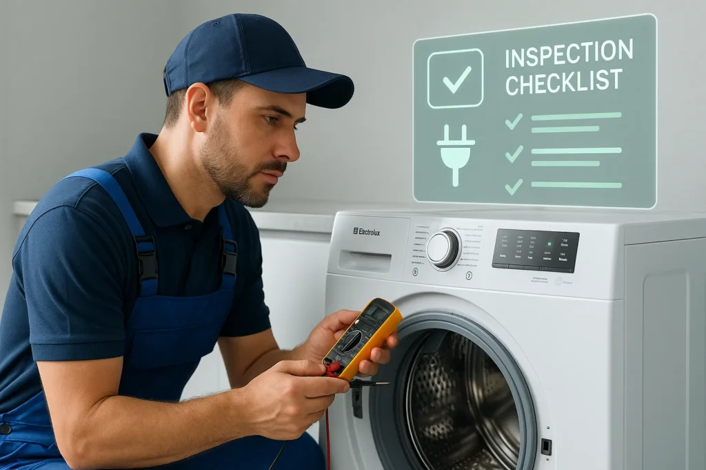 Lavadora Electrolux Não Solta Água: 13 Soluções Testadas Por Técnicos Especializados 3 Técnico Realizando Verificação De Segurança Em Lavadora Electrolux Com Checklist Digital Flutuante.