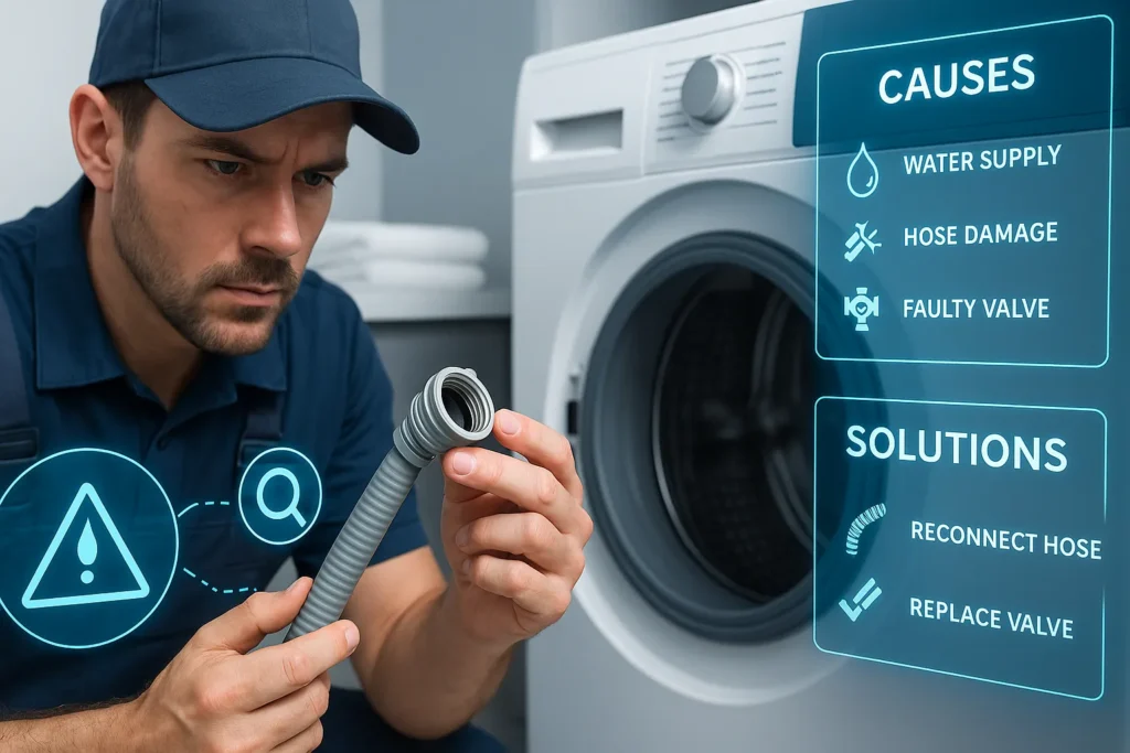 Máquina De Lavar Não Entra Água: 11 Causas E Soluções Definitivas Para Resolver Hoje 3 Técnico Examinando Mangueira De Entrada Desconectada De Lavadora Com Gráficos Digitais De Possíveis Causas E Soluções.
