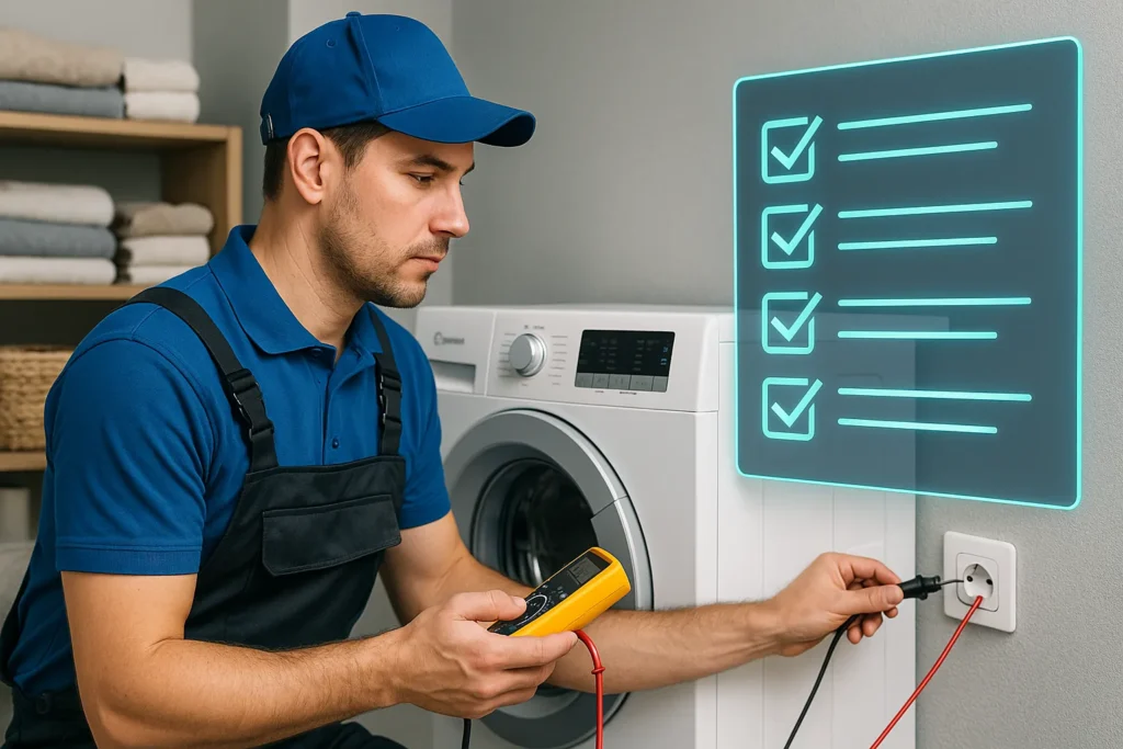 Máquina De Lavar Não Entra Água: 11 Causas E Soluções Definitivas Para Resolver Hoje 2 Técnico Realizando Inspeção Básica Em Máquina De Lavar Electrolux Com Checklist Digital.
