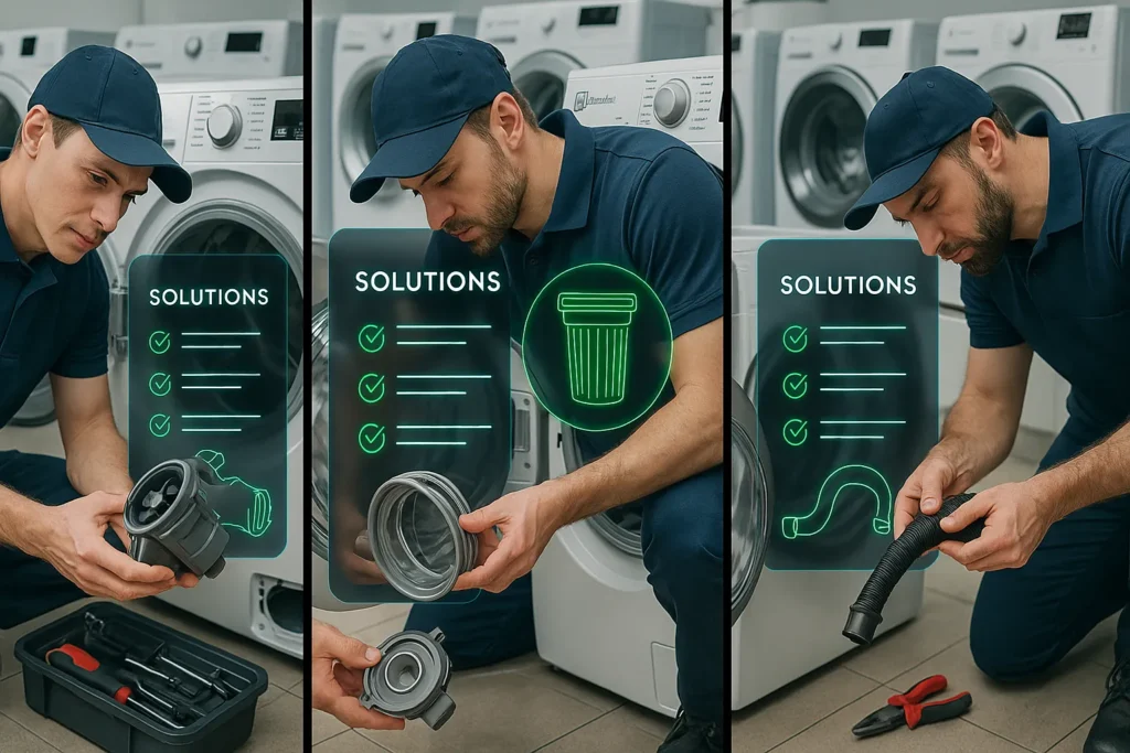 Lavadora Electrolux Não Solta Água: 13 Soluções Testadas Por Técnicos Especializados 4 Técnicos Realizando Reparos Em Lavadoras Electrolux Em Três Etapas Diferentes Com Gráficos Digitais.