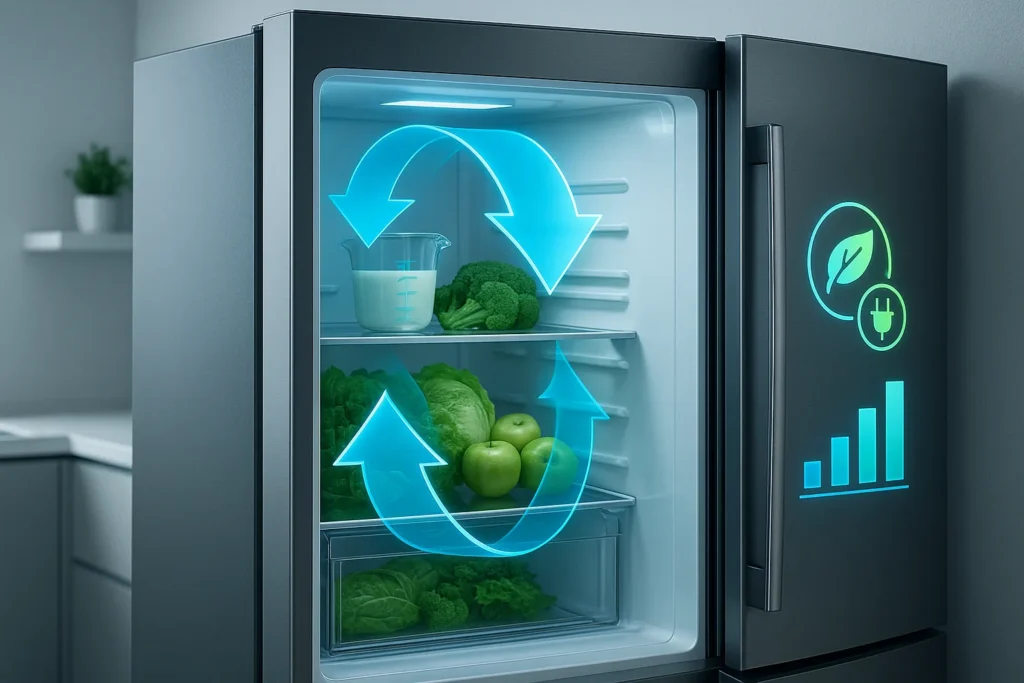 Geladeira Inverse Economiza Mesmo? 9 Verdades Que Ninguém Conta Sobre A Tecnologia 2 Geladeira Moderna Com Porta Semiaberta Exibindo Fluxo De Ar Invertido E Gráficos Digitais De Eficiência Energética.