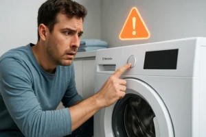 Usuário frustrado tenta ligar lavadora Electrolux, mas painel permanece apagado
