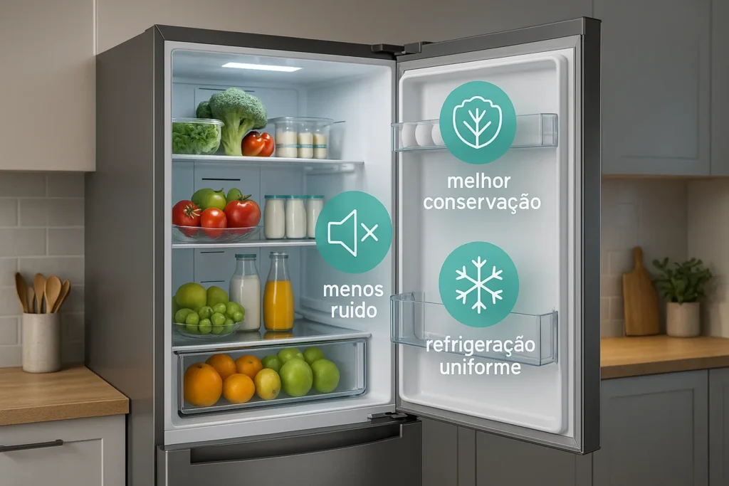 Geladeira Inverse Economiza Mesmo? 9 Verdades Que Ninguém Conta Sobre A Tecnologia 5 Geladeira Inverse Aberta Com Ícones Flutuantes Destacando Benefícios De Conservação, Baixo Ruído E Refrigeração Uniforme.