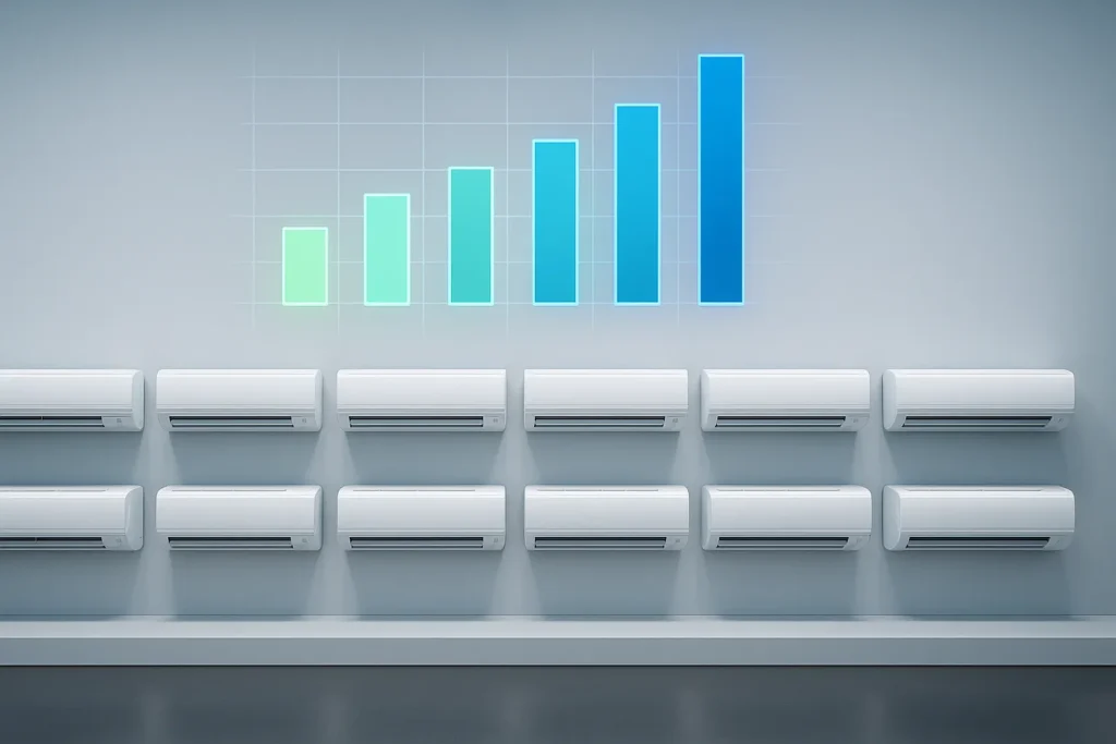 Ar Condicionado Que Gasta Menos Energia: 9 Modelos Que Economizam Até 70% Na Conta De Luz 3 Vitrine Com Nove Aparelhos De Ar-Condicionado E Gráficos Digitais Comparando O Consumo De Energia.