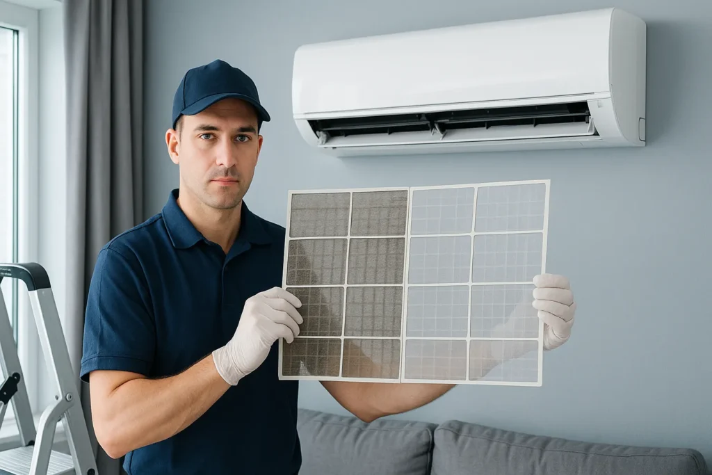 Limpeza Ar Condicionado Split: 7 Passos Profissionais Para Economizar 30% De Energia 1 Técnico Mostrando Filtro De Ar-Condicionado Split Sujo E Limpo Em Sala Moderna.