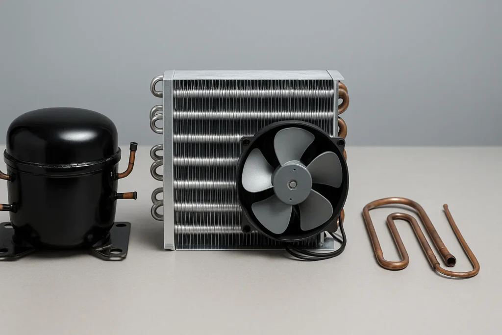 Bebedouro Gelando Pouco: 9 Soluções Profissionais Que Resolvem 95% Dos Casos 2 Compressor, Condensador, Ventilador E Tubos De Cobre Do Sistema De Refrigeração De Um Bebedouro Organizados Sobre Mesa Técnica.