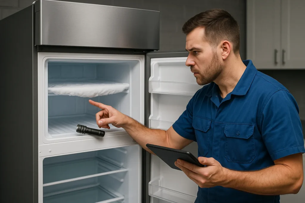 Geladeira Não Congela Freezer: 11 Causas E Soluções Que Salvam Seus Alimentos 1 Técnico Analisando Freezer Com Lanterna E Tablet Em Geladeira Aberta Durante Diagnóstico.