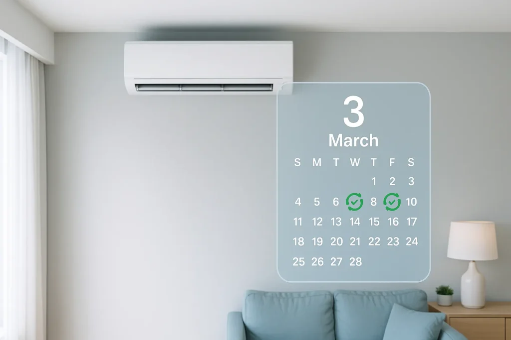 Limpeza Ar Condicionado Split: 7 Passos Profissionais Para Economizar 30% De Energia 4 Ar-Condicionado Split Com Sobreposição De Calendário Digital Destacando Manutenção Trimestral.
