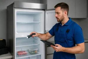 Técnico inspecionando freezer de geladeira duplex com gelo derretido e falha de congelamento.