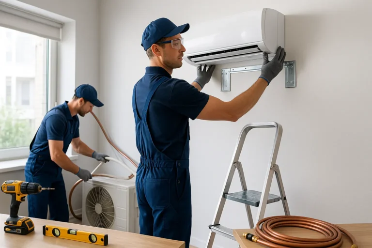 Dois Técnicos Instalando Ar Condicionado Split Em Sala Residencial, Um Posicionando A Unidade Interna E Outro Ajustando Tubos Na Condensadora.