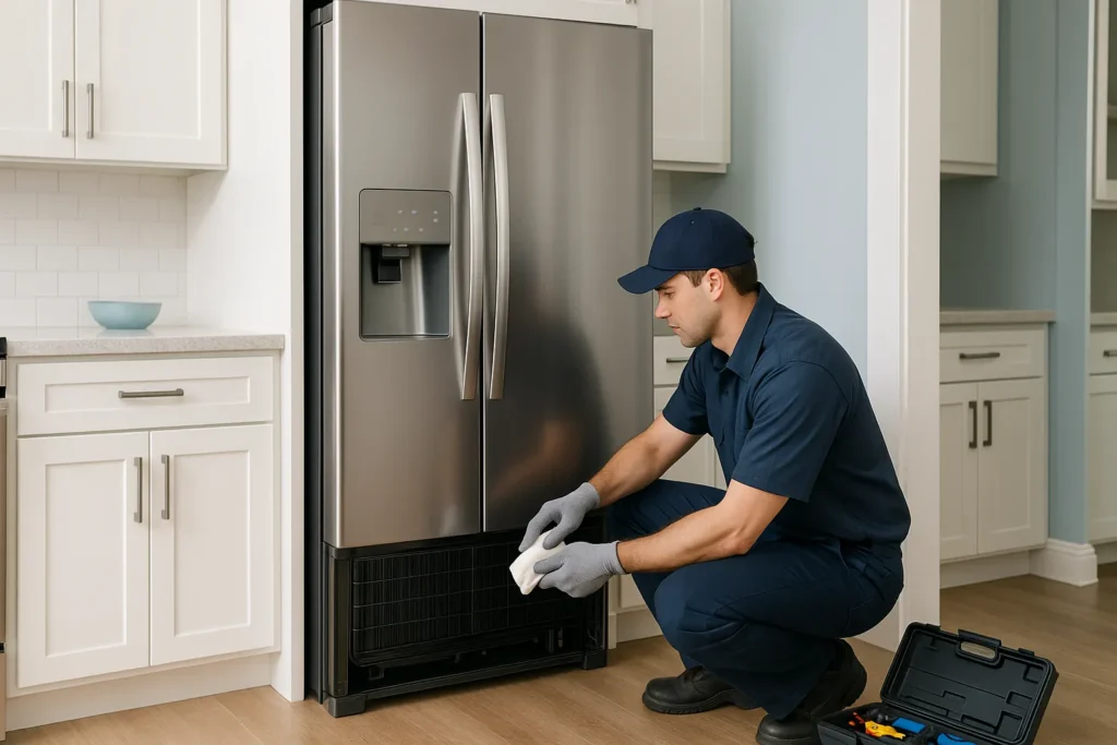 Geladeira Side By Side Não Gela Direito: 9 Defeitos Mais Comuns E Como Resolver 3 Técnico Realizando Manutenção Preventiva Em Geladeira Side By Side Em Cozinha Moderna.