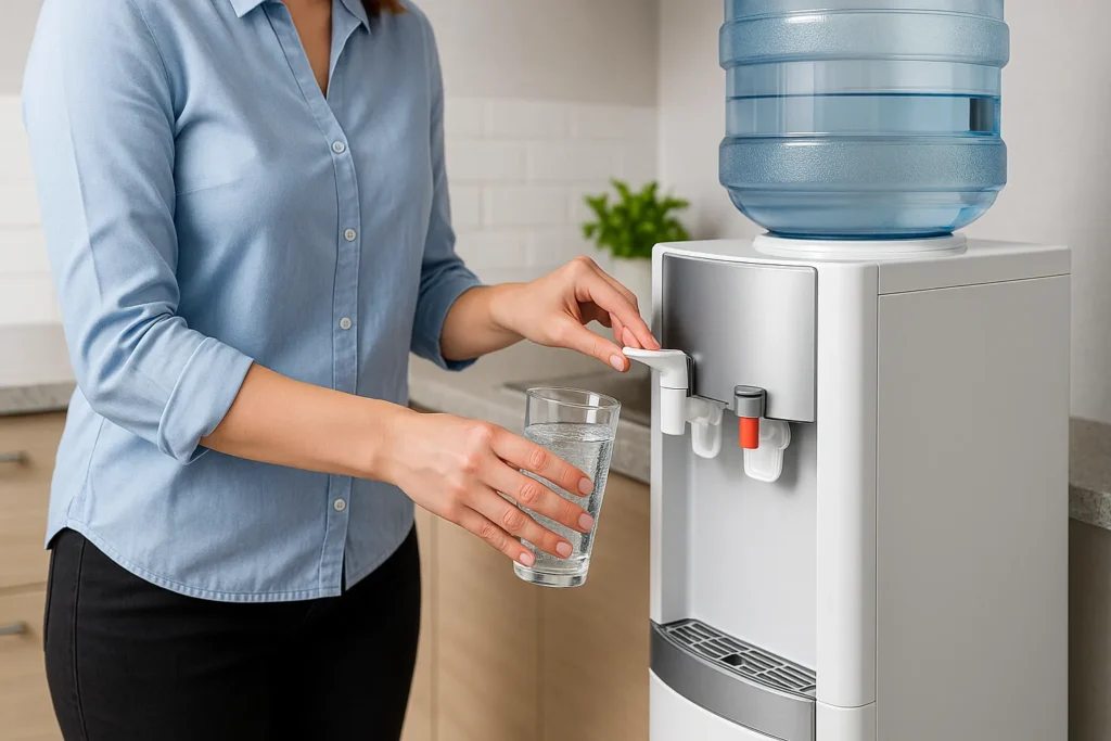 Bebedouro Gelando Pouco: 9 Soluções Profissionais Que Resolvem 95% Dos Casos 6 Mulher Enchendo Copo Com Água Fresca De Um Bebedouro Limpo Em Cozinha Moderna, Transmitindo Cuidado E Manutenção Adequada.