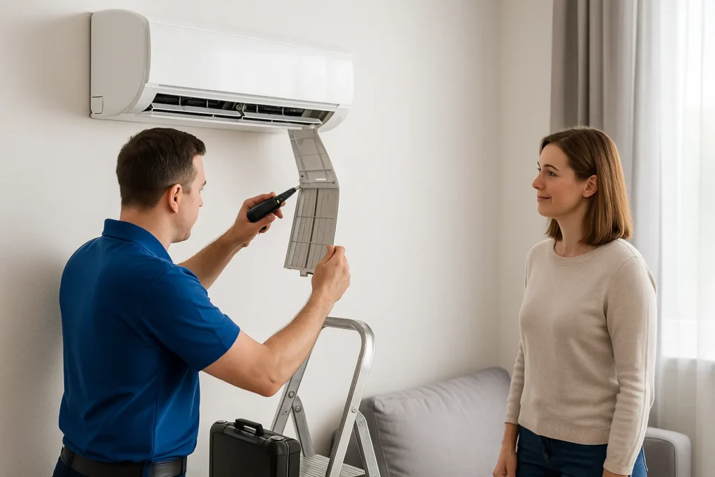 Limpeza Ar Condicionado Split: 7 Passos Profissionais Para Economizar 30% De Energia 6 Técnico Atendendo Em Casa E Explicando O Ar-Condicionado Split A Um Cliente.
