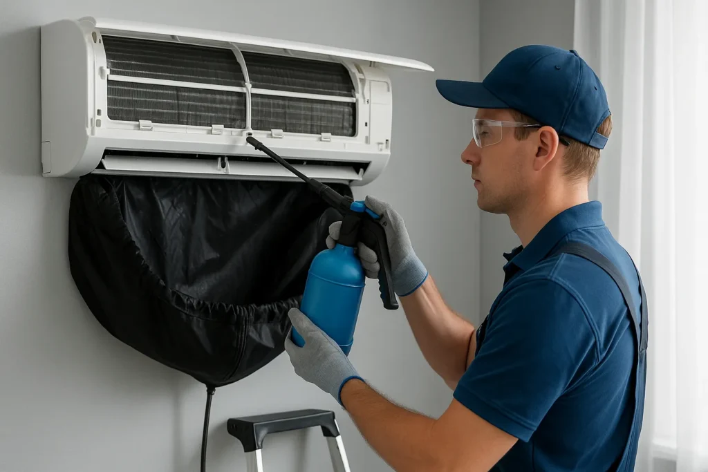 Limpeza Ar Condicionado Split: 7 Passos Profissionais Para Economizar 30% De Energia 3 Técnico Borrifando Produto No Evaporador De Ar-Condicionado Split Com Capa De Proteção.