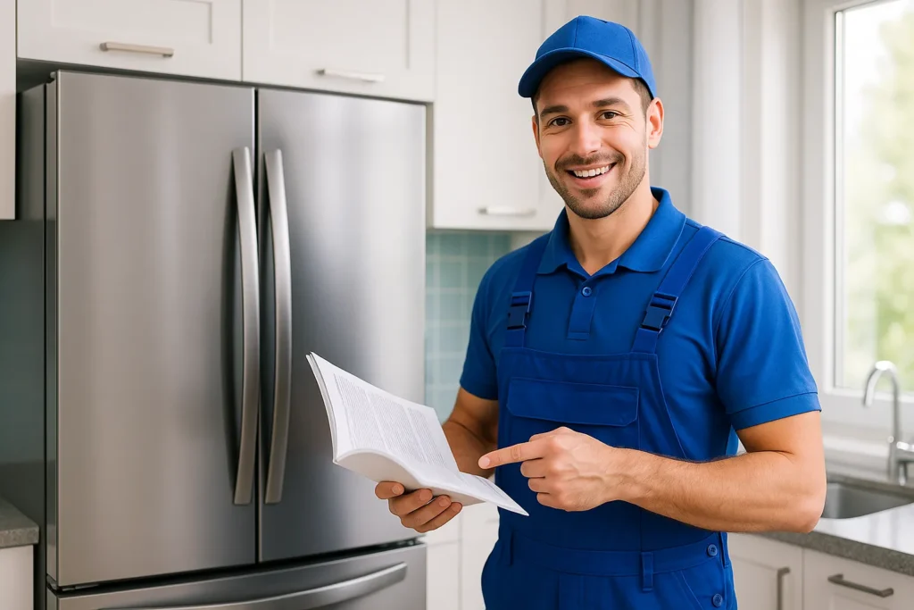 Geladeira Não Congela Freezer: 11 Causas E Soluções Que Salvam Seus Alimentos 6 Técnico Sorridente Mostra Manual Técnico Ao Lado De Geladeira Inox Em Cozinha Moderna Bem Iluminada.