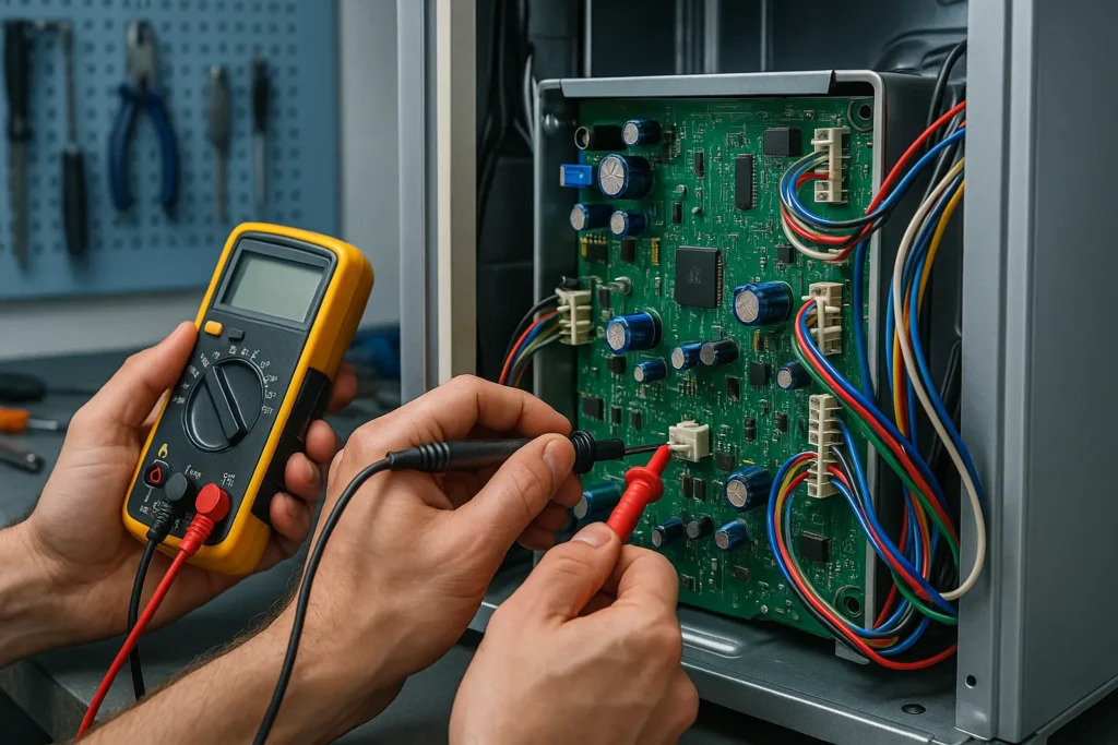 Geladeira Não Congela Freezer: 11 Causas E Soluções Que Salvam Seus Alimentos 2 Técnico Com Multímetro Testando Placa Eletrônica De Geladeira Parcialmente Desmontada, Com Cabos Coloridos E Tons Metálicos Em Close‑Up.