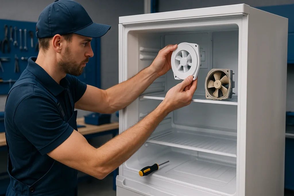 Geladeira Não Congela Freezer: 11 Causas E Soluções Que Salvam Seus Alimentos 5 Técnico Trocando Peça De Ventilador Interno Em Geladeira Durante Manutenção.