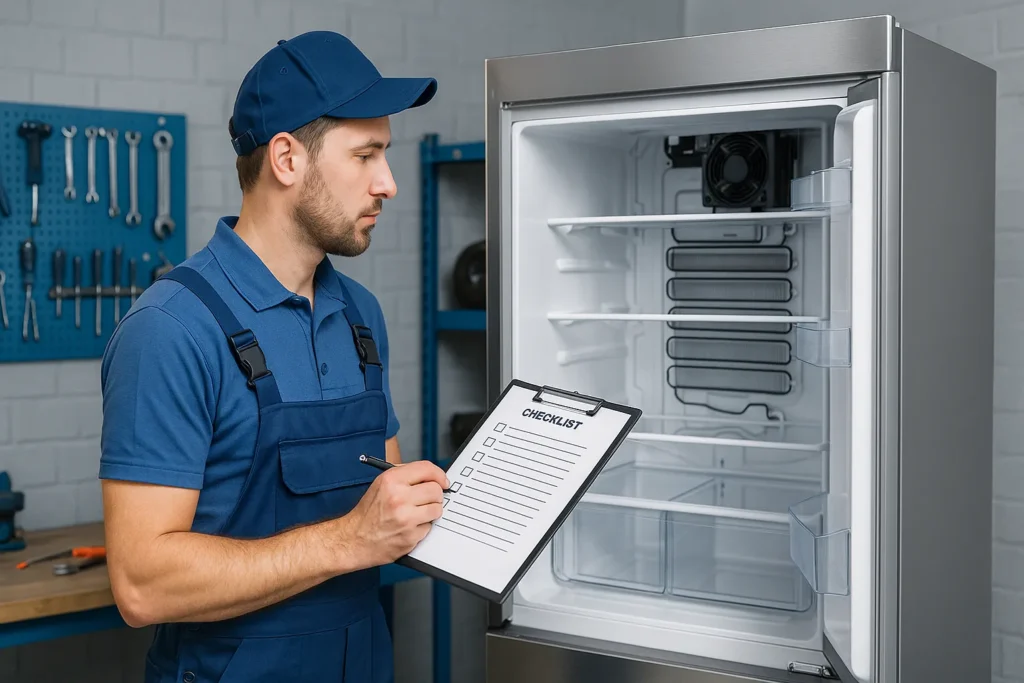 Geladeira Não Congela Freezer: 11 Causas E Soluções Que Salvam Seus Alimentos 4 Técnico Conferindo Checklist Em Geladeira Aberta Em Oficina Organizada.
