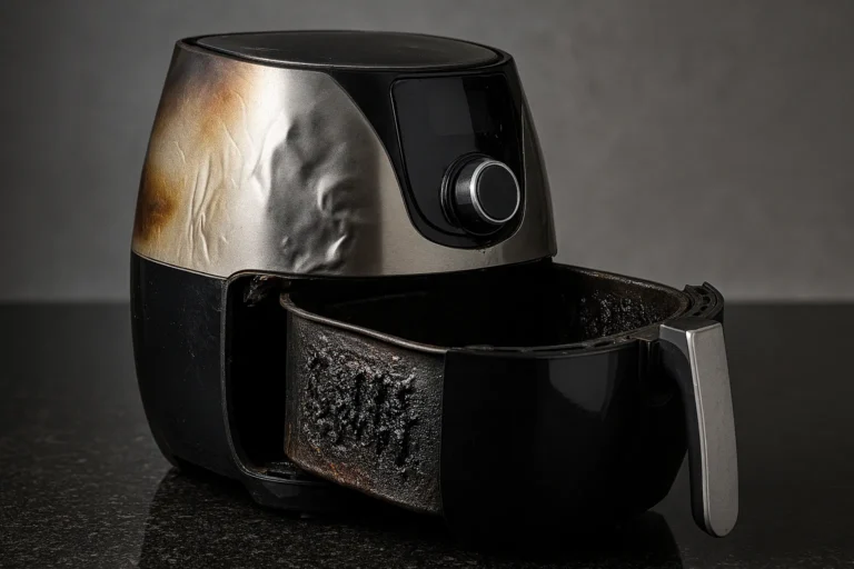 Air Fryer Queimou: Guia Completo Para Saber Se Tem Conserto Ou É Hora De Trocar 3 Air Fryer Com Marcas De Queimadura E Interior Carbonizado Sobre Bancada Escura, Evidenciando Falha Grave No Funcionamento.