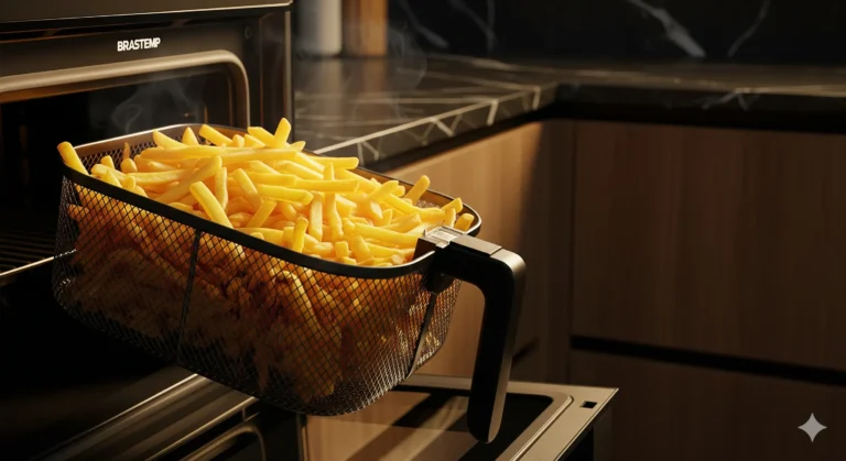 Fotografia Em Close-Up De Batatas Fritas Douradas E Crocantes Em Um Cesto De Air Fryer, Sendo Retiradas De Um Forno De Fogão.