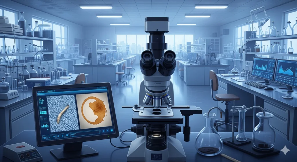 Uma Pintura Digital Panorâmica De Um Laboratório De Ciência Moderno, Com Um Microscópio De Alta Tecnologia Em Primeiro Plano Mostrando Uma Fibra De Tecido E Uma Mancha De Café Em Uma Visualização Macro. A Cena Tem Iluminação Fria E Azulada E Uma Paleta De Cores De Tons De Azul, Branco E Cinza, Destacando A Precisão E A Complexidade Do Ambiente.