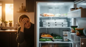 Imagem de uma pessoa frustrada olhando para dentro de um freezer que não está congelando, com alimentos derretendo.