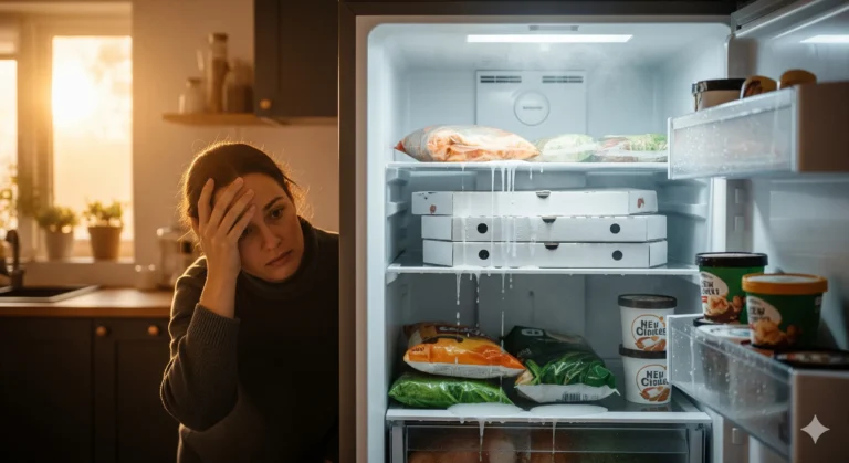 Imagem De Uma Pessoa Frustrada Olhando Para Dentro De Um Freezer Que Não Está Congelando, Com Alimentos Derretendo.