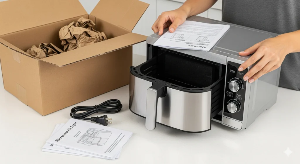 Micro-Ondas Airfryer: 12 Vantagens Que Revolucionam O Preparo De Alimentos Em 30% Menos Tempo 3 Uma Foto Aérea De Um Usuário Desempacotando Um Micro-Ondas/Air Fryer Em Uma Bancada De Cozinha, Com Manuais Visíveis E O Foco Nas Mãos.