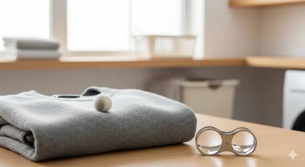 Como Tirar Bolinha De Roupa: 12 Métodos Profissionais E O Revolucionário Ciclo Antibolinha Brastemp 1 Uma Blusa De Lã Cinza Com Uma Pequena Bolinha Em Close-Up, Em Uma Lavanderia Moderna E Minimalista. Uma Lupa De Joalheiro Está Ao Lado, Sugerindo Uma Inspeção Detalhada.