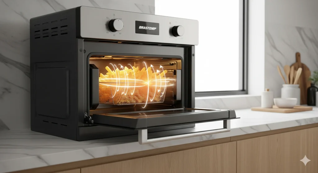 Imagem De Uma Visão Em Corte De Um Fogão Brastemp Mostrando O Mecanismo Air Fryer Pro Em Ação.