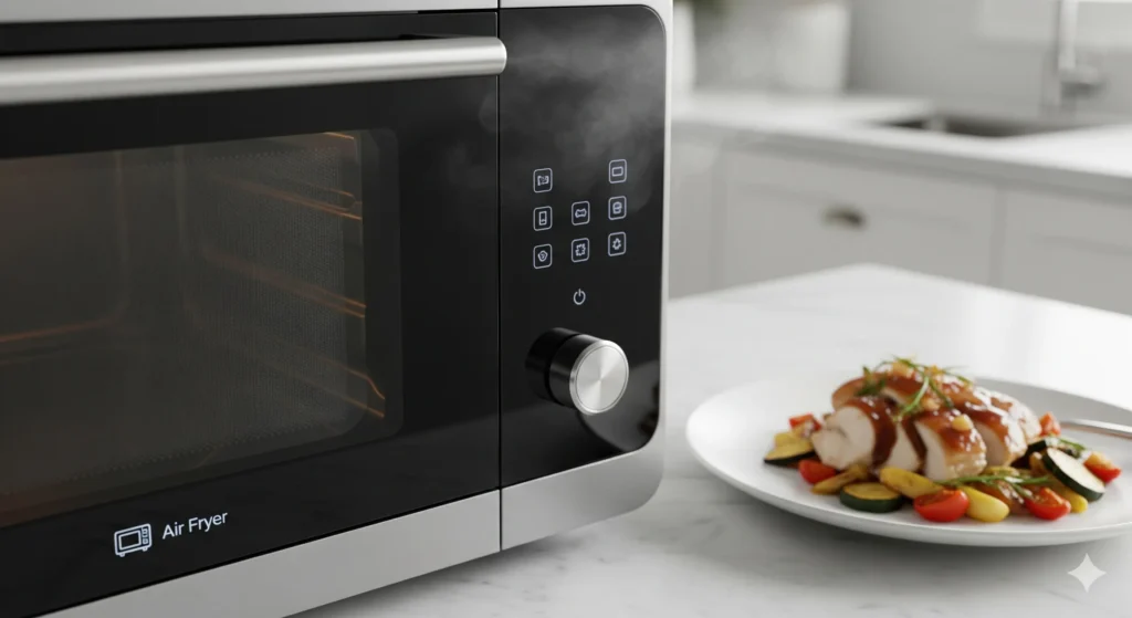 Micro-Ondas Airfryer: 12 Vantagens Que Revolucionam O Preparo De Alimentos Em 30% Menos Tempo 1 Uma Foto Realista De Um Micro-Ondas/Air Fryer Moderno E Elegante Em Uma Bancada De Mármore. A Luz Suave Destaca O Painel De Controle E A Porta.