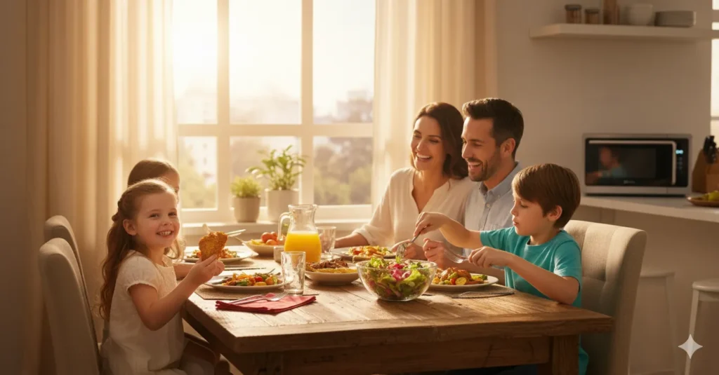 Micro-Ondas Airfryer: 12 Vantagens Que Revolucionam O Preparo De Alimentos Em 30% Menos Tempo 2 Uma Foto Vibrante De Uma Família Sorrindo E Comendo Uma Refeição Saudável Em Uma Sala De Jantar Iluminada Pelo Sol, Com Um Micro-Ondas/Air Fryer Visível Na Cozinha Ao Fundo.