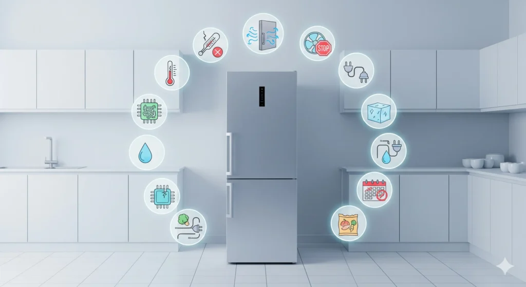 Freezer Vertical Não Congela: 10 Causas E Soluções Definitivas Para Técnicos E Usuários 3 Conjunto De 10 Ícones Flutuantes Ao Redor De Um Freezer Vertical, Representando As Principais Causas Para O Aparelho Não Congelar, Como Porta Mal Vedada, Termostato Quebrado E Condensador Sujo.