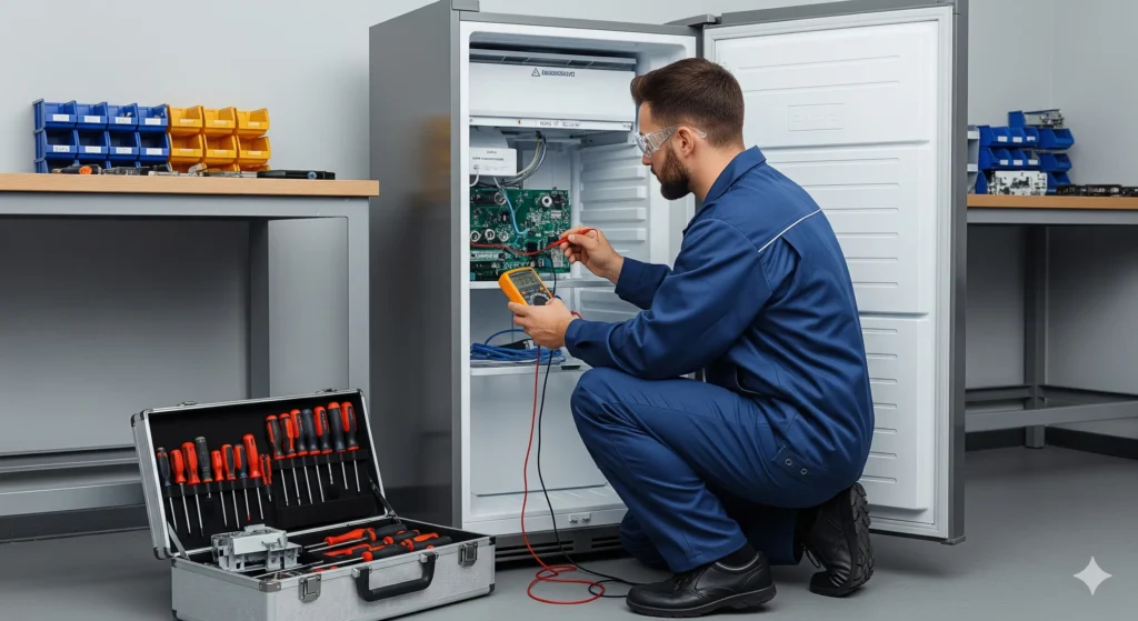 Freezer Vertical Não Congela: 10 Causas E Soluções Definitivas Para Técnicos E Usuários 2 Técnico Profissional Usando Um Multímetro Para Diagnosticar Um Freezer Vertical Que Não Congela, Com Caixa De Ferramentas Visível No Chão. Cena De Reparo E Manutenção De Eletrodomésticos.