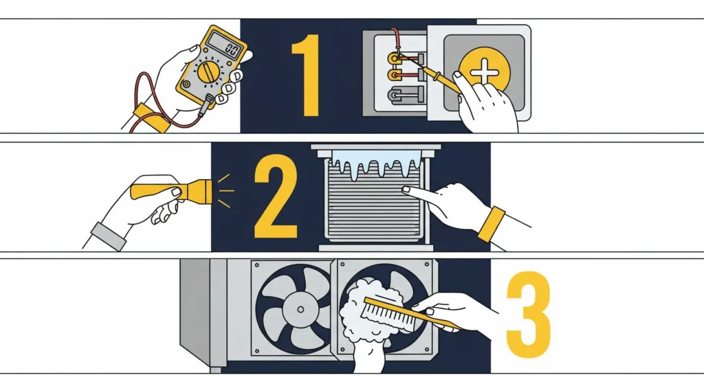 Freezer Vertical Não Congela: 10 Causas E Soluções Definitivas Para Técnicos E Usuários 4 Infografia Em 7 Passos Sequenciais Mostrando O Procedimento Detalhado Para Diagnosticar Problemas De Um Freezer Vertical, Com Ícones De Ferramentas E Ações, Em Um Estilo De Tutorial.