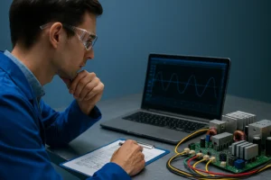 Técnico em jaleco azul analisa gráficos elétricos no notebook ao lado de uma placa inversora conectada, em bancada metálica organizada.
